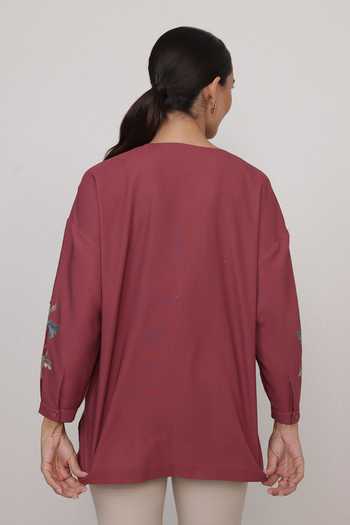 Shop_RANNA GILL_Red Crinkle V-neck Amber Embroidered Top _at_Aza_Fashions