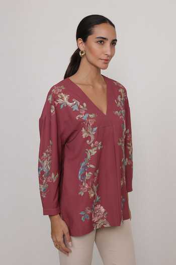 RANNA GILL_Red Crinkle V-neck Amber Embroidered Top _Online_at_Aza_Fashions