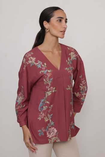 Buy_RANNA GILL_Red Crinkle V-neck Amber Embroidered Top _at_Aza_Fashions