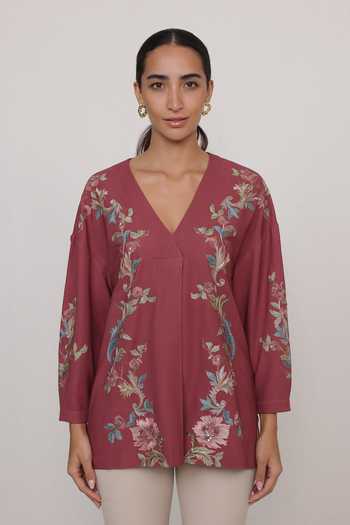 Buy_RANNA GILL_Red Crinkle V-neck Amber Embroidered Top _Online_at_Aza_Fashions