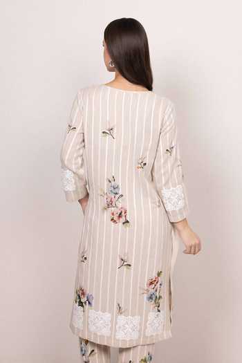 RANNA GILL_Beige Linen Palmona Floral Print Tunic And Pant Set _Online_at_Aza_Fashions