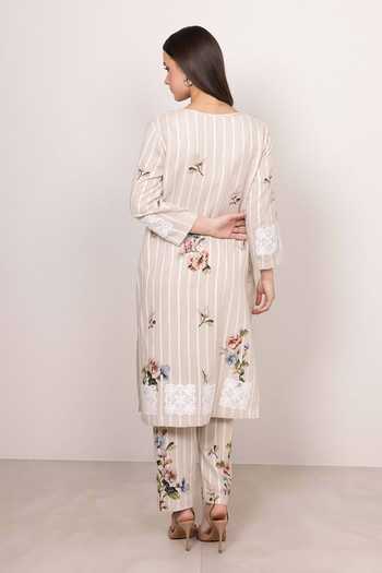 Shop_RANNA GILL_Beige Linen Palmona Floral Print Tunic And Pant Set _Online_at_Aza_Fashions