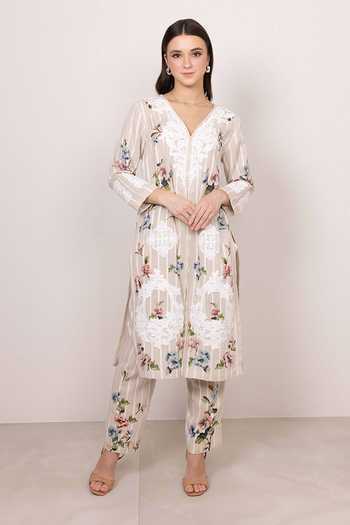 RANNA GILL_Beige Linen Palmona Floral Print Tunic And Pant Set _at_Aza_Fashions