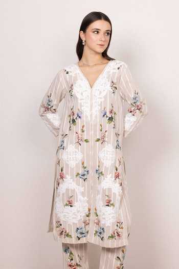 Buy_RANNA GILL_Beige Linen Palmona Floral Print Tunic And Pant Set 