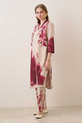 RANNA GILL_Red Crepe, Polyester V-neck Averna Printed Tunic And Pant Set _Online_at_Aza_Fashions