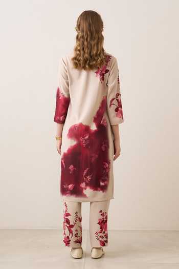Shop_RANNA GILL_Red Crepe, Polyester V-neck Averna Printed Tunic And Pant Set _at_Aza_Fashions