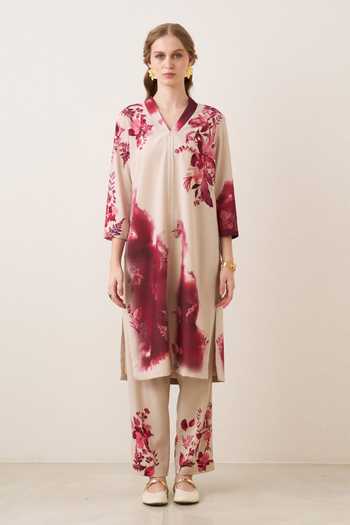 Shop_RANNA GILL_Red Crepe, Polyester V-neck Averna Printed Tunic And Pant Set _Online_at_Aza_Fashions
