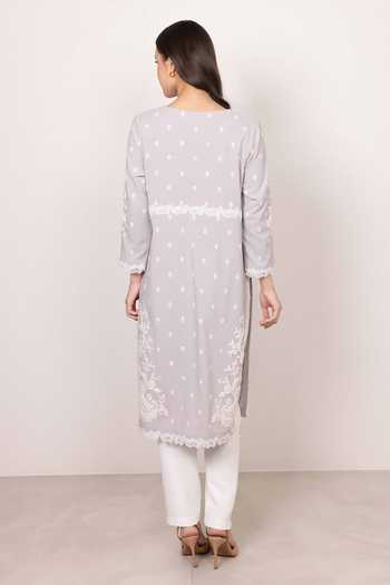 Shop_Ranna Gill_Grey Crinkle, Polyester Split V-neck Lumen Embroidered Tunic _at_Aza_Fashions