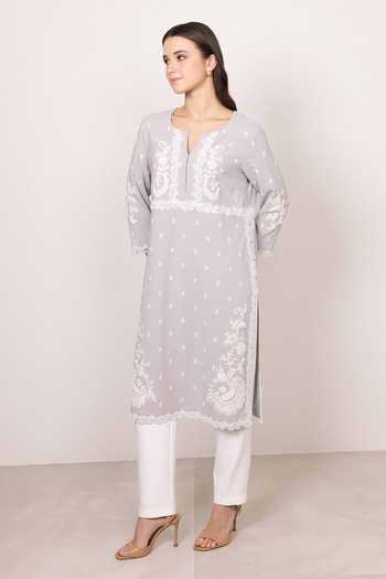 Ranna Gill_Grey Crinkle, Polyester Split V-neck Lumen Embroidered Tunic _Online_at_Aza_Fashions