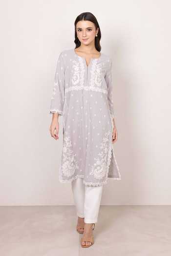Buy_Ranna Gill_Grey Crinkle, Polyester Split V-neck Lumen Embroidered Tunic _at_Aza_Fashions
