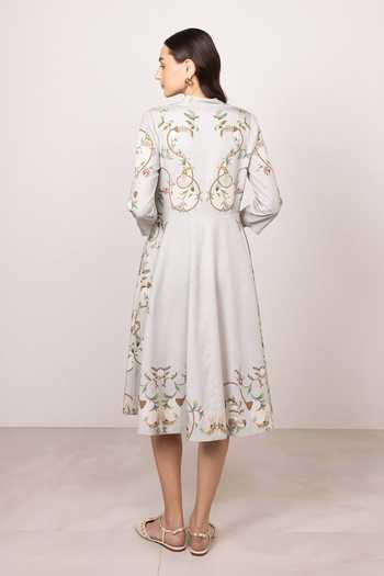 RANNA GILL_Grey Tencel V-neck Vesper Printed Midi Dress _Online_at_Aza_Fashions