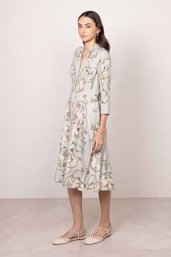 Buy_RANNA GILL_Grey Tencel V-neck Vesper Printed Midi Dress _Online_at_Aza_Fashions