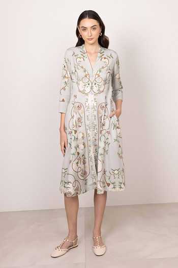 Shop_RANNA GILL_Grey Tencel V-neck Vesper Printed Midi Dress _Online_at_Aza_Fashions