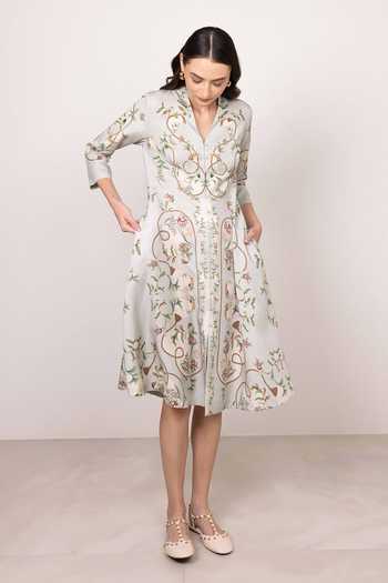 RANNA GILL_Grey Tencel V-neck Vesper Printed Midi Dress _at_Aza_Fashions