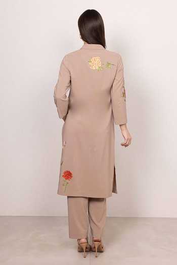 Shop_RANNA GILL_Beige Crinkle, Polyester Collared Neck Citrine Floral Print Tunic And Pant Set _at_Aza_Fashions