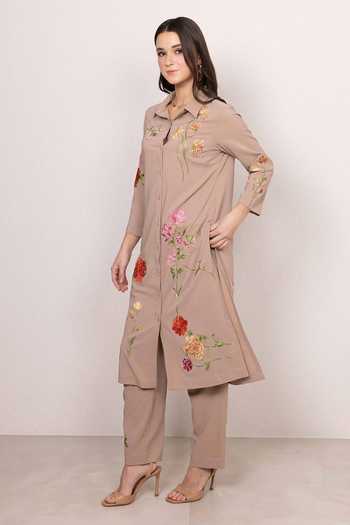 Buy_RANNA GILL_Beige Crinkle, Polyester Collared Neck Citrine Floral Print Tunic And Pant Set _Online_at_Aza_Fashions