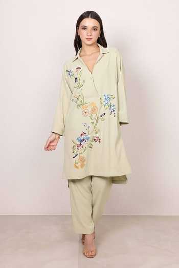 RANNA GILL_Green Crepe V-neck Caspira Floral Embroidered Tunic _Online_at_Aza_Fashions