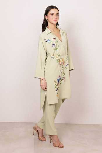 Buy_RANNA GILL_Green Crepe V-neck Caspira Floral Embroidered Tunic _Online_at_Aza_Fashions