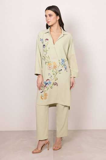 Shop_RANNA GILL_Green Crepe V-neck Caspira Floral Embroidered Tunic _Online_at_Aza_Fashions
