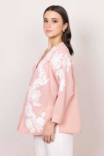 Ranna Gill_Pink Georgette, Crinkle V-neck Zion Floral Embroidered Shirt _Online_at_Aza_Fashions