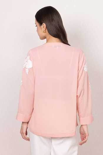 Shop_Ranna Gill_Pink Georgette, Crinkle V-neck Zion Floral Embroidered Shirt _at_Aza_Fashions