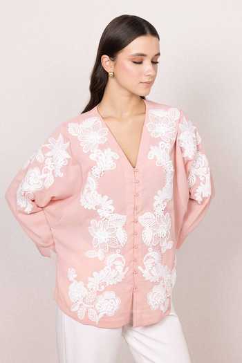 Buy_Ranna Gill_Pink Georgette, Crinkle V-neck Zion Floral Embroidered Shirt _Online_at_Aza_Fashions