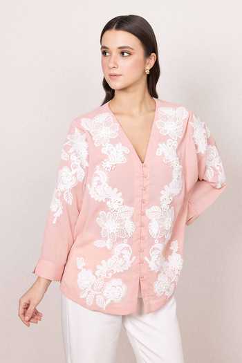 Shop_Ranna Gill_Pink Georgette, Crinkle V-neck Zion Floral Embroidered Shirt _Online_at_Aza_Fashions