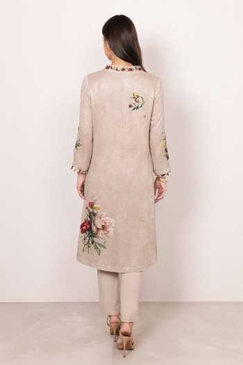 Shop_RANNA GILL_Beige V-neck Elira Gleam Floral Tunic And Trouser Set _at_Aza_Fashions
