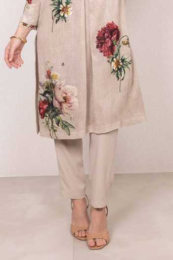 Buy_RANNA GILL_Beige V-neck Elira Gleam Floral Tunic And Trouser Set _Online_at_Aza_Fashions