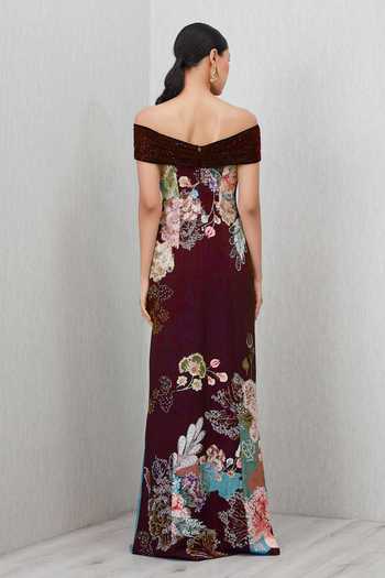 RANNA GILL_Wine Crepe Sequins Off-shoulder Glen Floral Print Gown _Online_at_Aza_Fashions