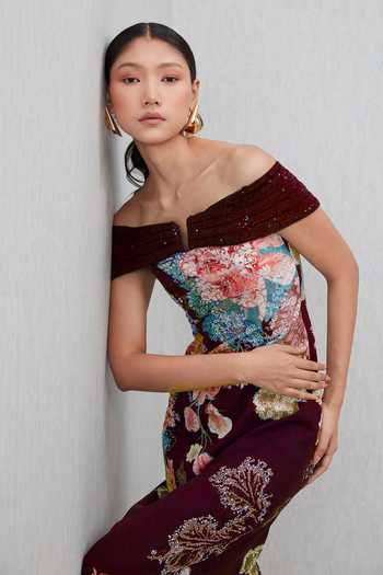 Shop_RANNA GILL_Wine Crepe Sequins Off-shoulder Glen Floral Print Gown _Online_at_Aza_Fashions