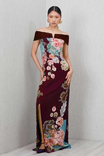 RANNA GILL_Wine Crepe Sequins Off-shoulder Glen Floral Print Gown _at_Aza_Fashions