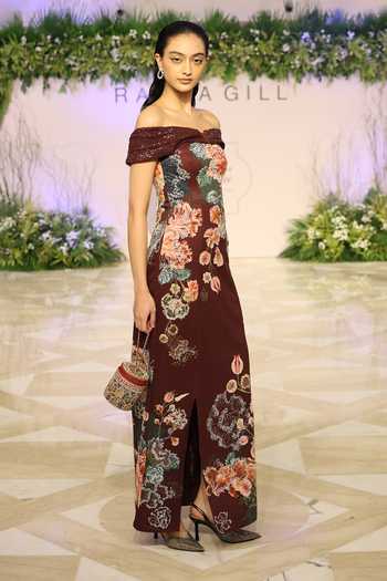 Buy_RANNA GILL_Wine Crepe Sequins Off-shoulder Glen Floral Print Gown 