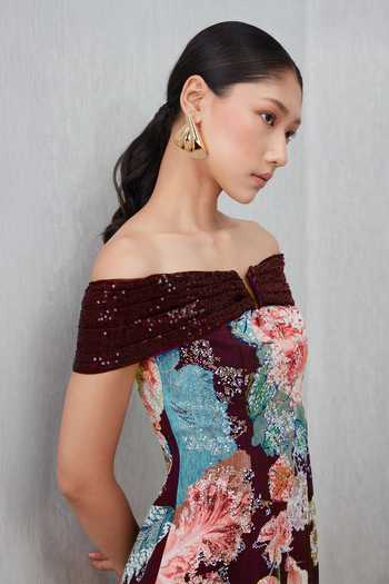 Shop_RANNA GILL_Wine Crepe Sequins Off-shoulder Glen Floral Print Gown 