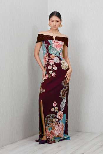 Buy_RANNA GILL_Wine Crepe Sequins Off-shoulder Glen Floral Print Gown _Online