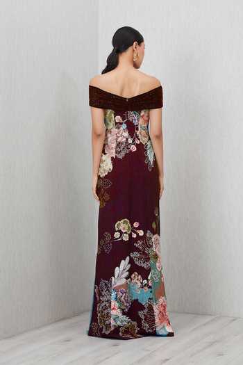 Shop_RANNA GILL_Wine Crepe Sequins Off-shoulder Glen Floral Print Gown _Online