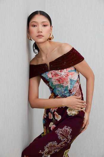RANNA GILL_Wine Crepe Sequins Off-shoulder Glen Floral Print Gown 