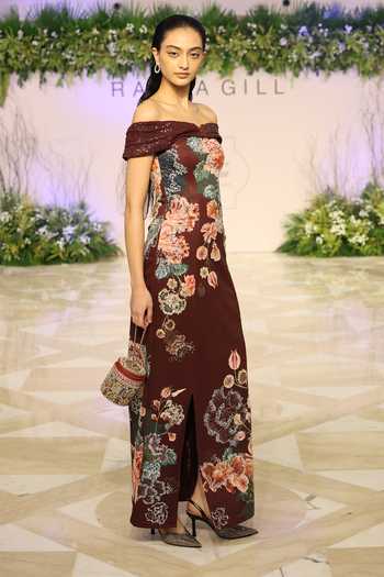 RANNA GILL_Wine Crepe Sequins Off-shoulder Glen Floral Print Gown 