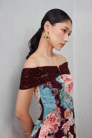 RANNA GILL_Wine Crepe Sequins Off-shoulder Glen Floral Print Gown 