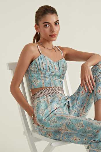 RANNA GILL_Blue Linen, Viscose Sweetheart Neck Leah Printed Bustier Top _Online_at_Aza_Fashions