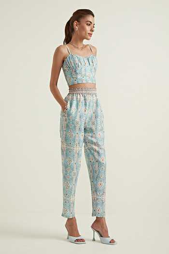 Shop_RANNA GILL_Blue Linen, Viscose Sweetheart Neck Leah Printed Bustier Top _Online_at_Aza_Fashions