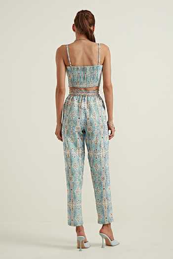 Shop_RANNA GILL_Blue Linen, Viscose Sweetheart Neck Leah Printed Bustier Top _at_Aza_Fashions