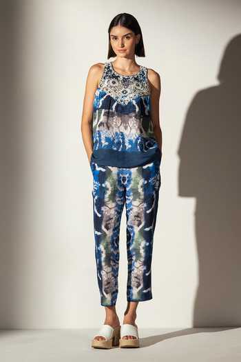 RANNA GILL_Multi Color Linen Round Neck Silvana Embroidered Yoke Tank Top _Online_at_Aza_Fashions