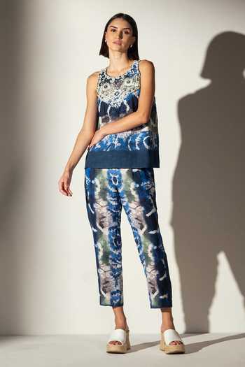 Buy_RANNA GILL_Multi Color Linen Round Neck Silvana Embroidered Yoke Tank Top _Online_at_Aza_Fashions
