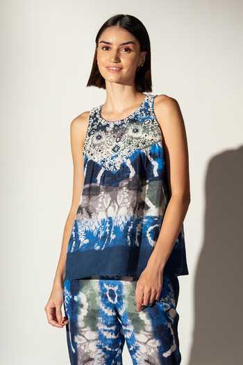 Buy_RANNA GILL_Multi Color Linen Round Neck Silvana Embroidered Yoke Tank Top _at_Aza_Fashions