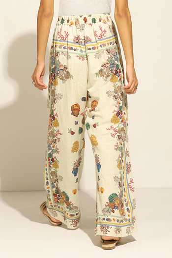 RANNA GILL_Multi Color Linen Seashell Print Wide Leg Pant _Online_at_Aza_Fashions