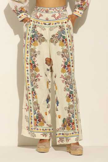 Buy_RANNA GILL_Multi Color Linen Seashell Print Wide Leg Pant _Online_at_Aza_Fashions
