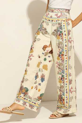 Shop_RANNA GILL_Multi Color Linen Seashell Print Wide Leg Pant _Online_at_Aza_Fashions