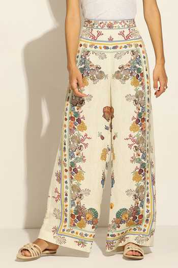 RANNA GILL_Multi Color Linen Seashell Print Wide Leg Pant _at_Aza_Fashions