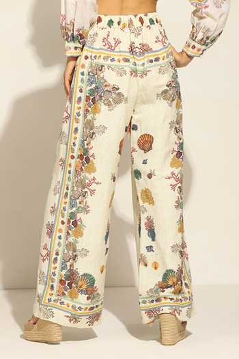 Shop_RANNA GILL_Multi Color Linen Seashell Print Wide Leg Pant _at_Aza_Fashions
